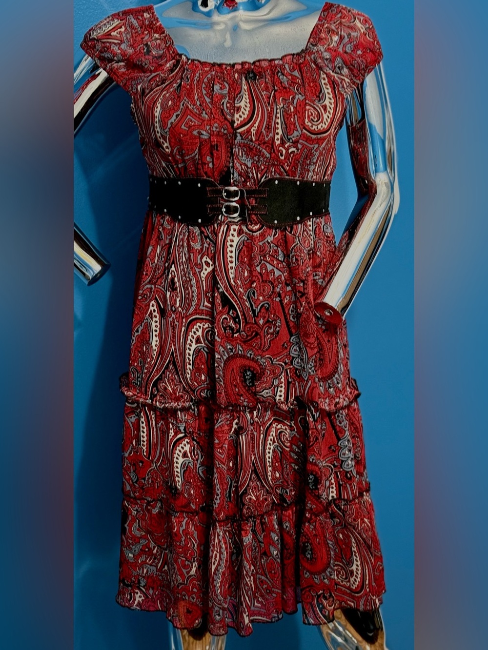 Red and Black Paisley Tiered Midi Dress with Black Studded Waist Belt S